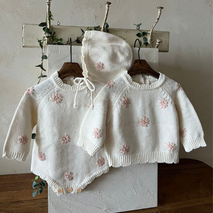 長袖ロンパース ぷっくり刺繍フラワーニットロンパース メロウ 長袖ベビーカバーオール【mh0010894】