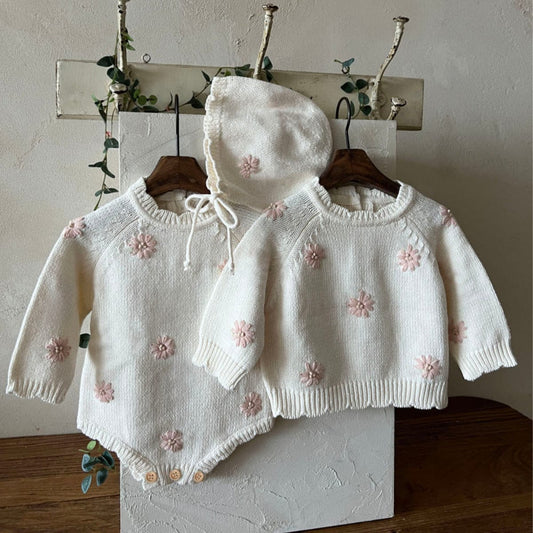 長袖ロンパース ぷっくり刺繍フラワーニットロンパース メロウ 長袖ベビーカバーオール【mh0010894】