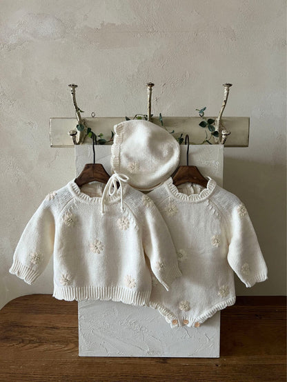 ニット・セーター ぷっくり刺繍フラワーニットトップス/ロンパース/ボンネット【mh0010898】