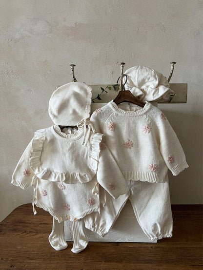 ニット・セーター ぷっくり刺繍フラワーニットトップス/ロンパース/ボンネット【mh0010898】