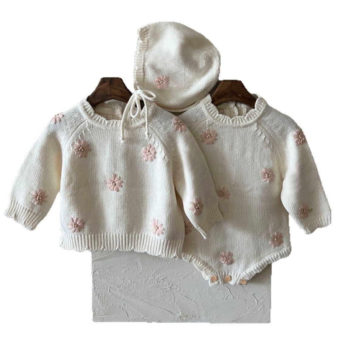 ニット・セーター ぷっくり刺繍フラワーニットトップス/ロンパース/ボンネット【mh0010898】