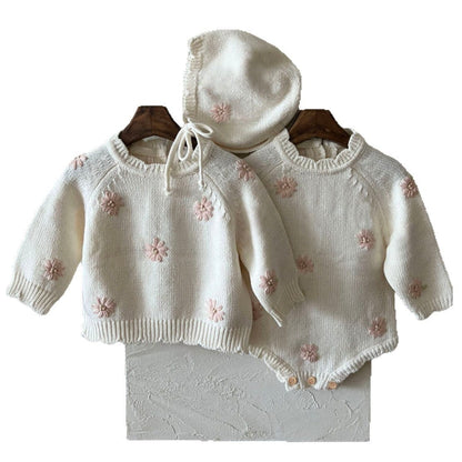 ニット・セーター ぷっくり刺繍フラワーニットトップス/ロンパース/ボンネット【mh0010898】