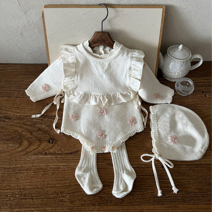 ニット・セーター ぷっくり刺繍フラワーニットトップス/ロンパース/ボンネット【mh0010898】