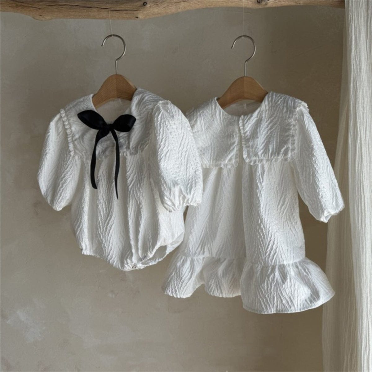 長袖ワンピース ビッグ襟付き長袖ワンピース フロントリボン ジャガード【mh0010899】