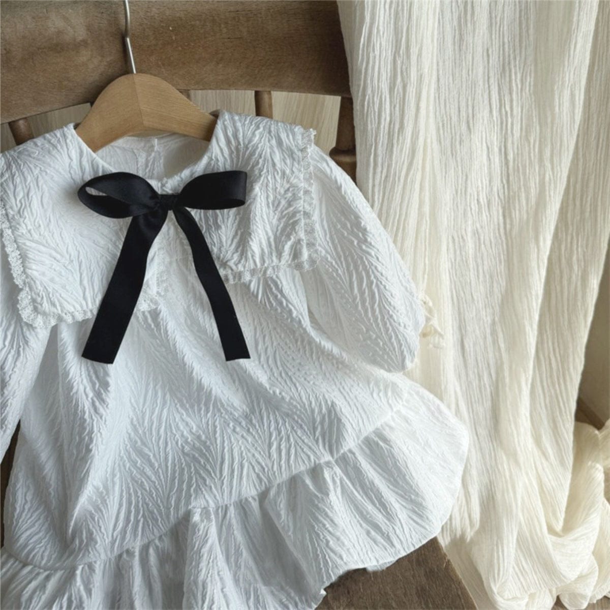 長袖ワンピース ビッグ襟付き長袖ワンピース フロントリボン ジャガード【mh0010899】