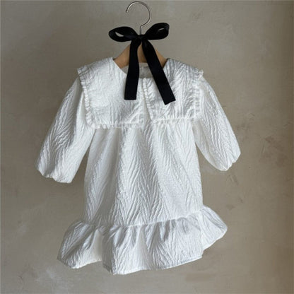 長袖ワンピース ビッグ襟付き長袖ワンピース フロントリボン ジャガード【mh0010899】