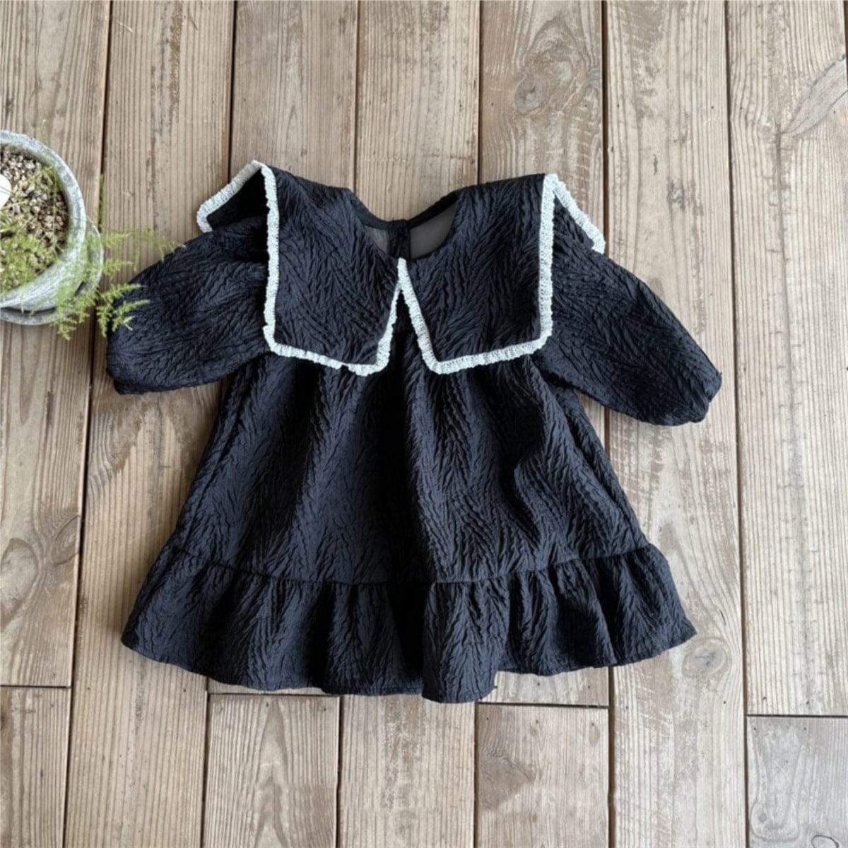 長袖ワンピース ビッグ襟付き長袖ワンピース フロントリボン ジャガード【mh0010899】