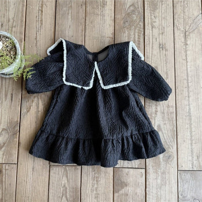 長袖ワンピース ビッグ襟付き長袖ワンピース フロントリボン ジャガード【mh0010899】