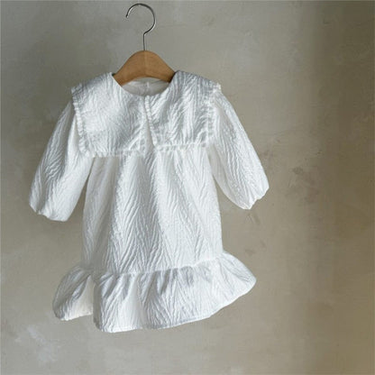 長袖ワンピース ビッグ襟付き長袖ワンピース フロントリボン ジャガード【mh0010899】