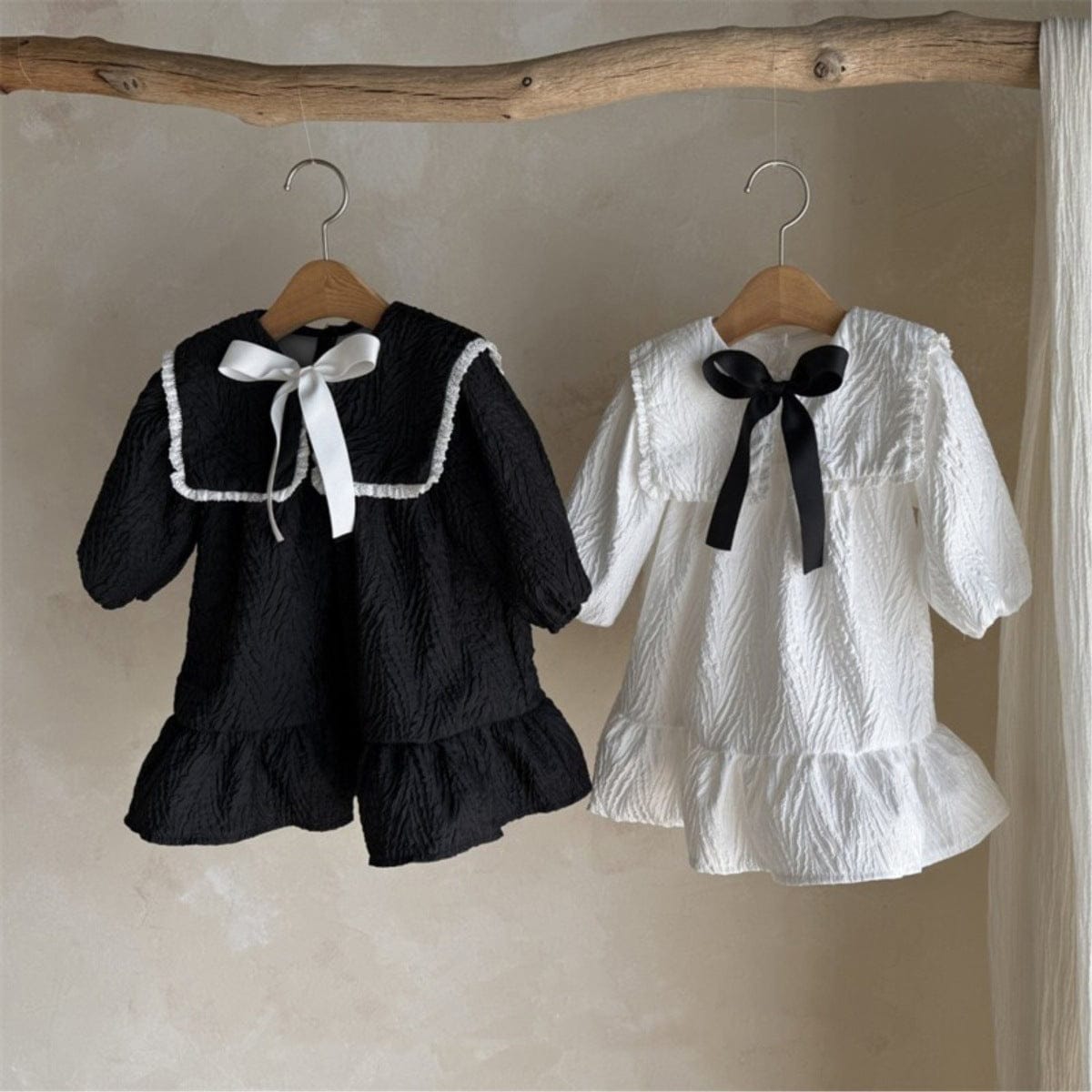 長袖ワンピース ビッグ襟付き長袖ワンピース フロントリボン ジャガード【mh0010899】