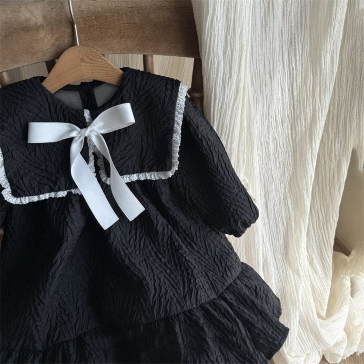 長袖ワンピース ビッグ襟付き長袖ワンピース フロントリボン ジャガード【mh0010899】