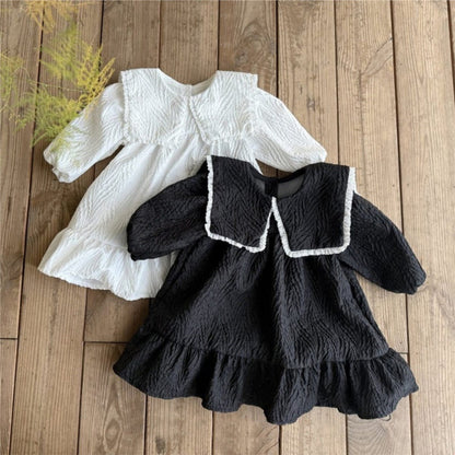 長袖ワンピース ビッグ襟付き長袖ワンピース フロントリボン ジャガード【mh0010899】