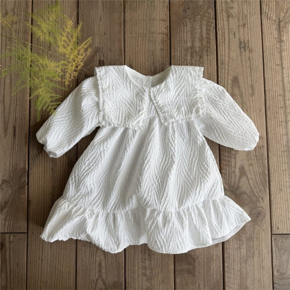 長袖ワンピース ビッグ襟付き長袖ワンピース フロントリボン ジャガード【mh0010899】