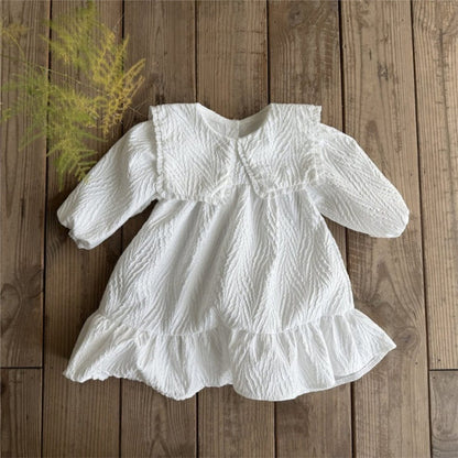 長袖ワンピース ビッグ襟付き長袖ワンピース フロントリボン ジャガード【mh0010899】