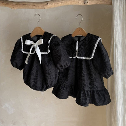 長袖ワンピース ビッグ襟付き長袖ワンピース フロントリボン ジャガード【mh0010899】