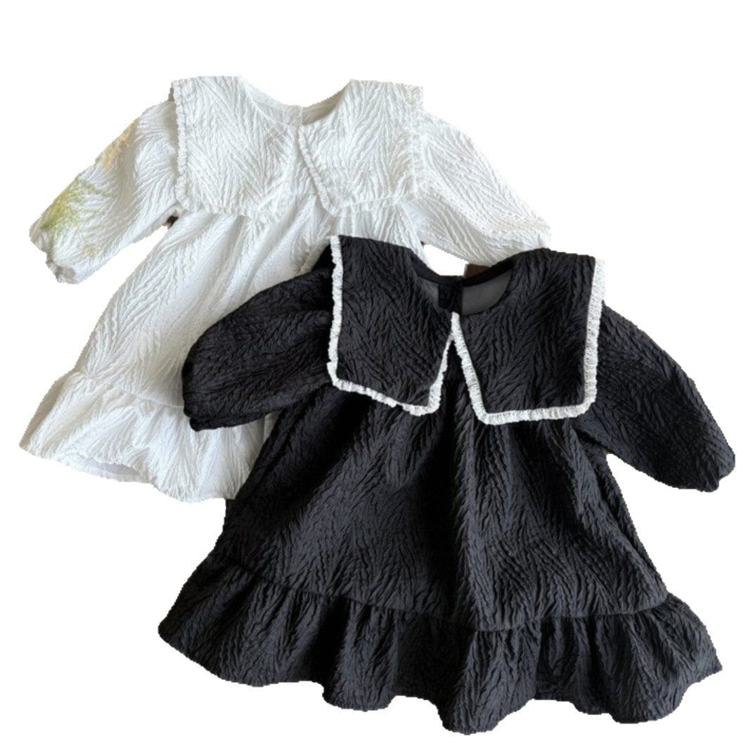 長袖ワンピース ビッグ襟付き長袖ワンピース フロントリボン ジャガード【mh0010899】