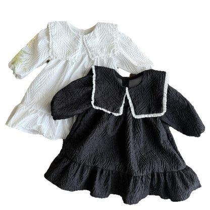 長袖ワンピース ビッグ襟付き長袖ワンピース フロントリボン ジャガード【mh0010899】