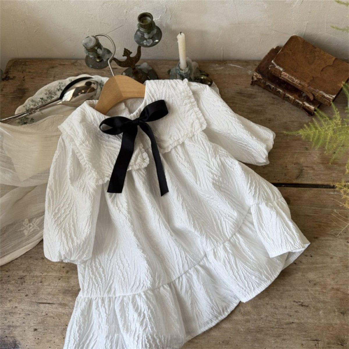 長袖ワンピース ビッグ襟付き長袖ワンピース フロントリボン ジャガード【mh0010899】