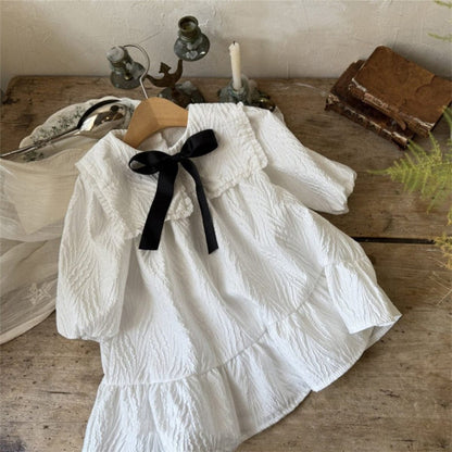 長袖ワンピース ビッグ襟付き長袖ワンピース フロントリボン ジャガード【mh0010899】