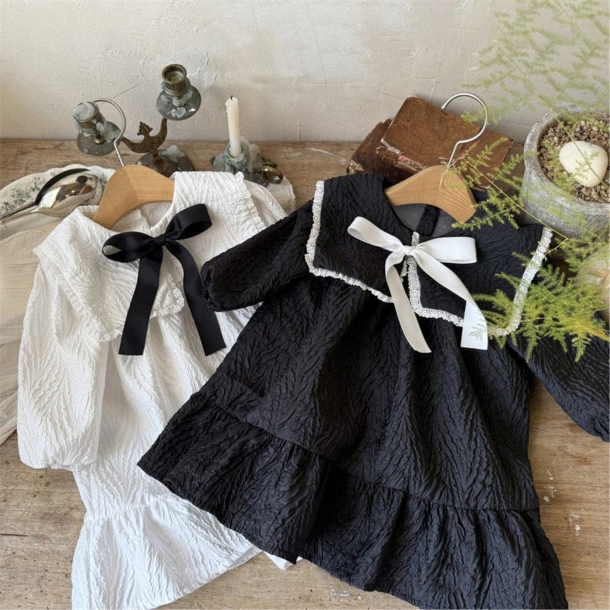 長袖ワンピース ビッグ襟付き長袖ワンピース フロントリボン ジャガード【mh0010899】