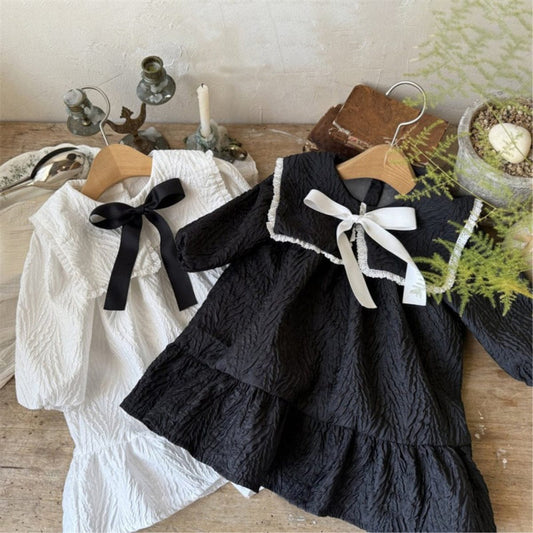 長袖ワンピース ビッグ襟付き長袖ワンピース フロントリボン ジャガード【mh0010899】