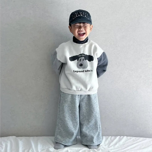 トレーナー・フーディ カラーブロッキングドッグプリントスウェットシャツ【mh0011117】