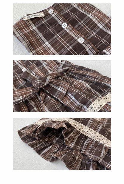 ノースリーブワンピース レトロチェック柄レースワンピース / 刺繍ビッグカラーブラウス【mh0011118】