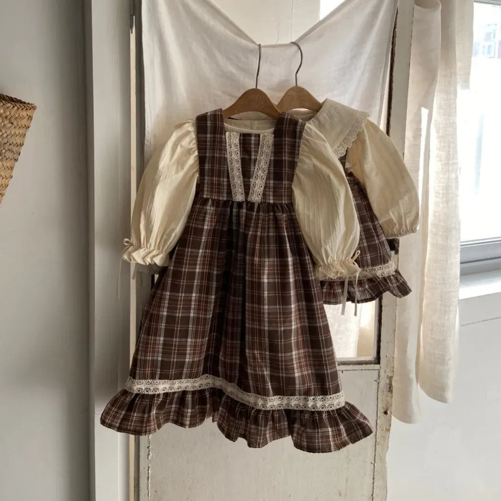 ノースリーブワンピース レトロチェック柄レースワンピース / 刺繍ビッグカラーブラウス【mh0011118】