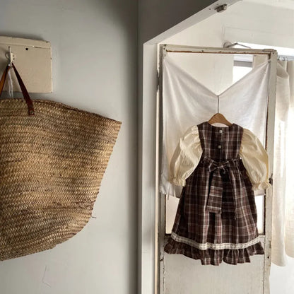 ノースリーブワンピース レトロチェック柄レースワンピース / 刺繍ビッグカラーブラウス【mh0011118】