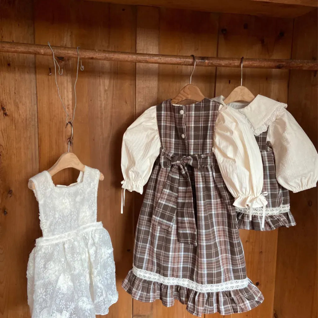 ノースリーブワンピース レトロチェック柄レースワンピース / 刺繍ビッグカラーブラウス【mh0011118】