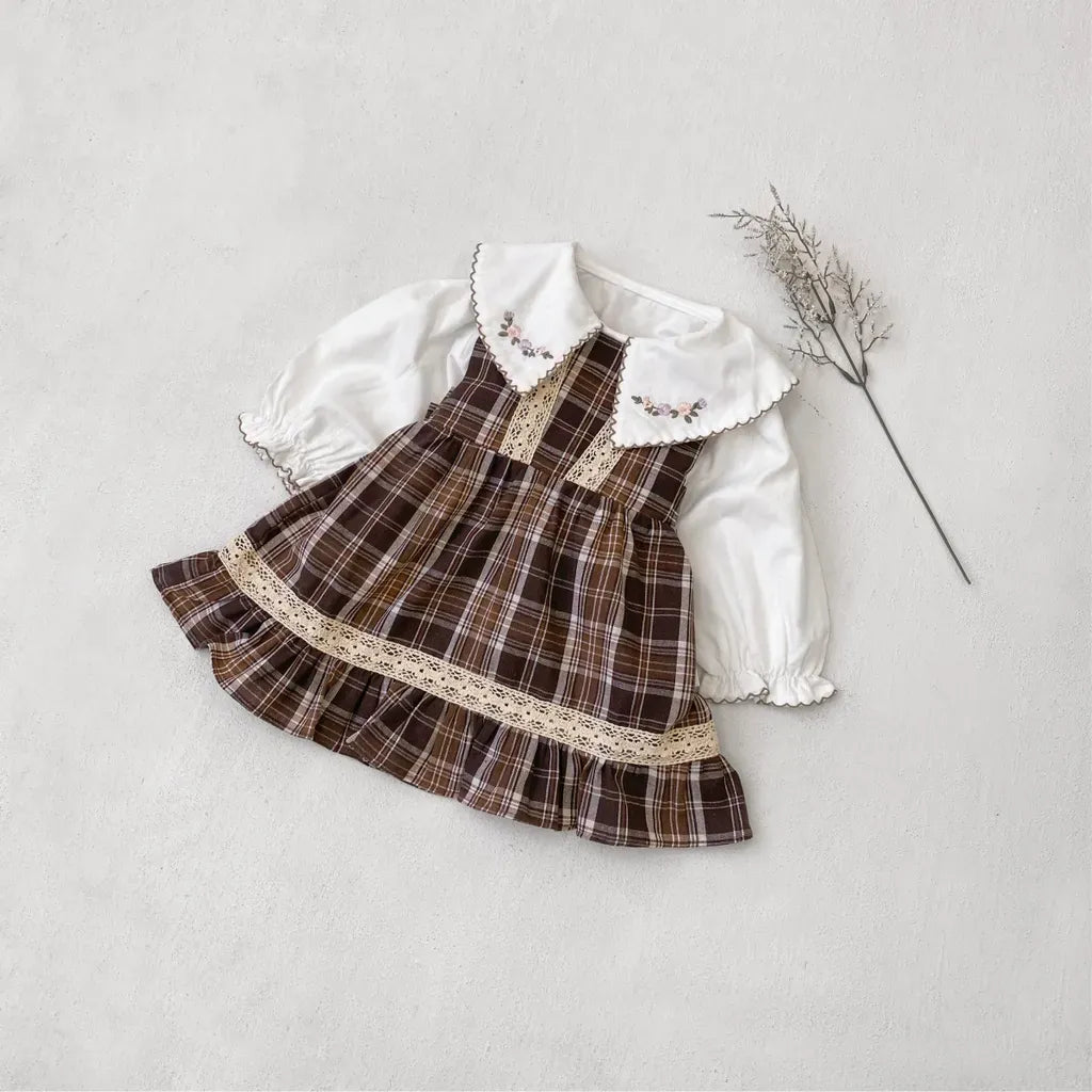 ノースリーブワンピース レトロチェック柄レースワンピース / 刺繍ビッグカラーブラウス【mh0011118】