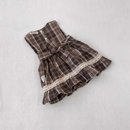 ノースリーブワンピース レトロチェック柄レースワンピース / 刺繍ビッグカラーブラウス【mh0011118】