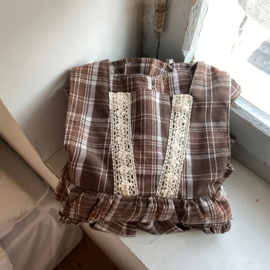 ノースリーブワンピース レトロチェック柄レースワンピース / 刺繍ビッグカラーブラウス【mh0011118】