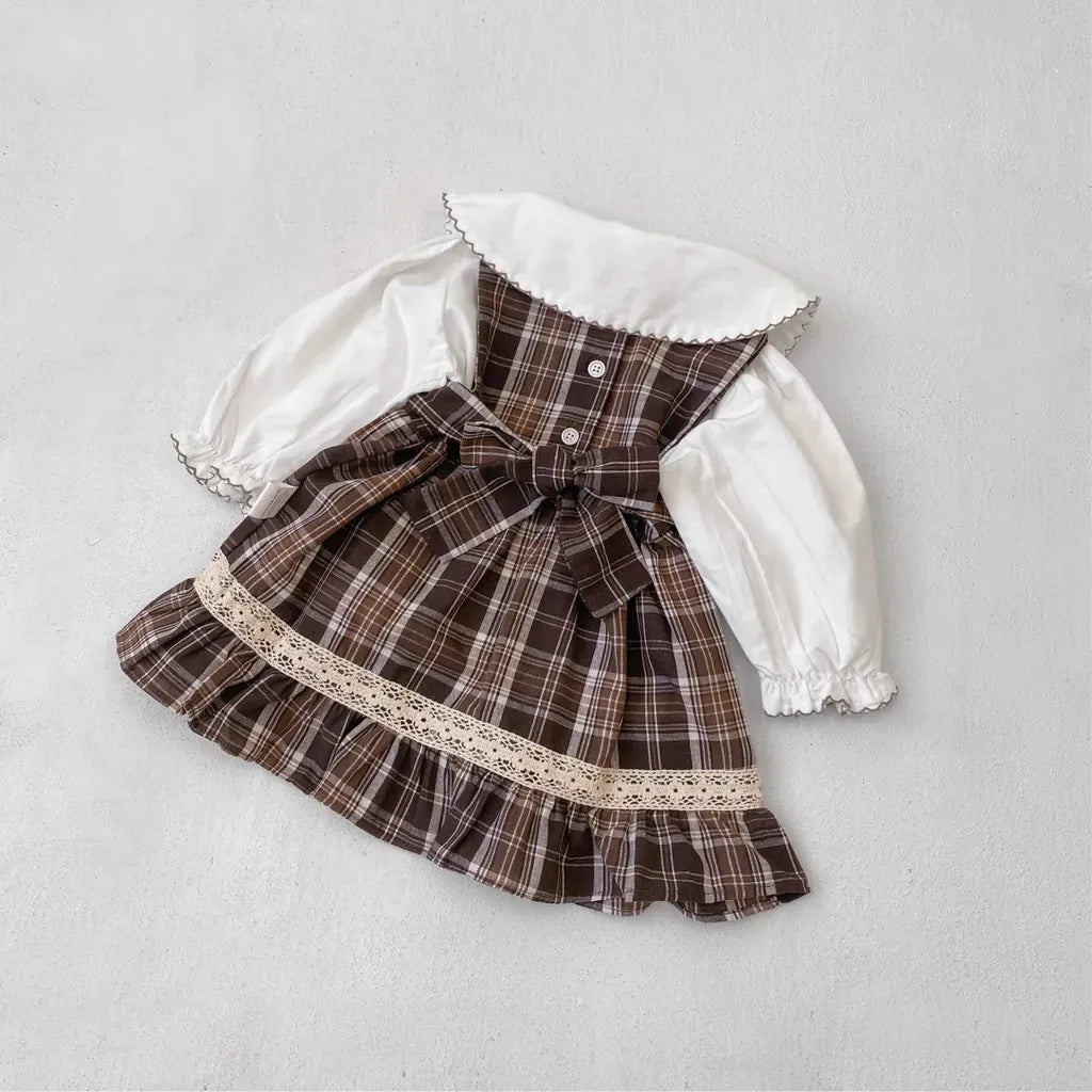 ノースリーブワンピース レトロチェック柄レースワンピース / 刺繍ビッグカラーブラウス【mh0011118】