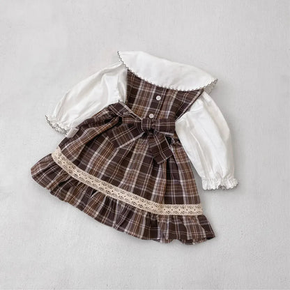 ノースリーブワンピース レトロチェック柄レースワンピース / 刺繍ビッグカラーブラウス【mh0011118】