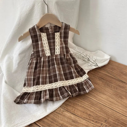 ノースリーブワンピース レトロチェック柄レースワンピース / 刺繍ビッグカラーブラウス【mh0011118】