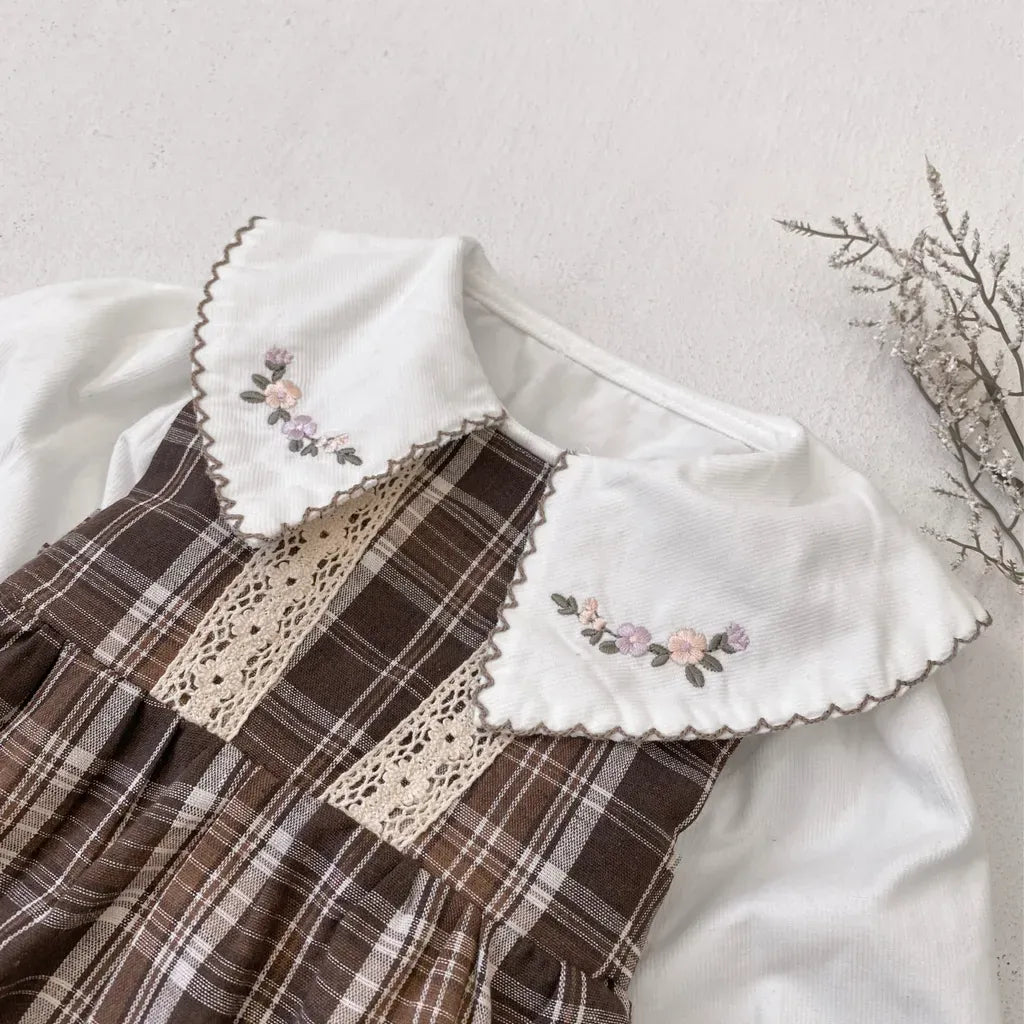 ノースリーブワンピース レトロチェック柄レースワンピース / 刺繍ビッグカラーブラウス【mh0011118】