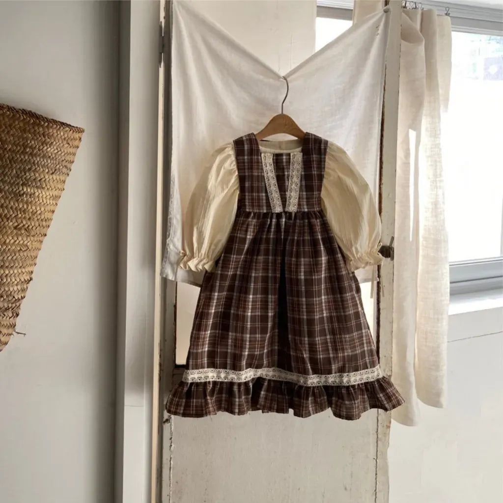 ノースリーブワンピース レトロチェック柄レースワンピース / 刺繍ビッグカラーブラウス【mh0011118】