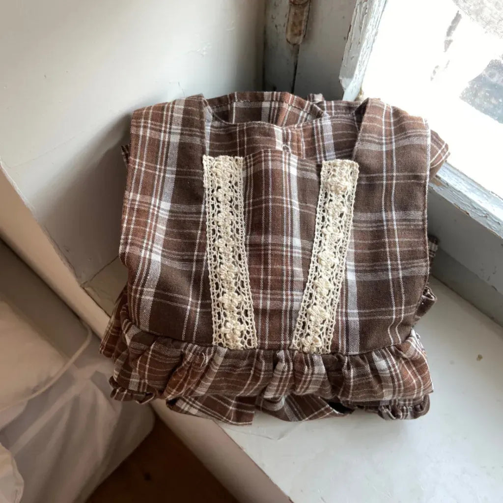 ノースリーブワンピース レトロチェック柄レースワンピース / 刺繍ビッグカラーブラウス【mh0011118】