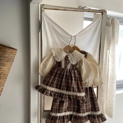 ノースリーブワンピース レトロチェック柄レースワンピース / 刺繍ビッグカラーブラウス【mh0011118】