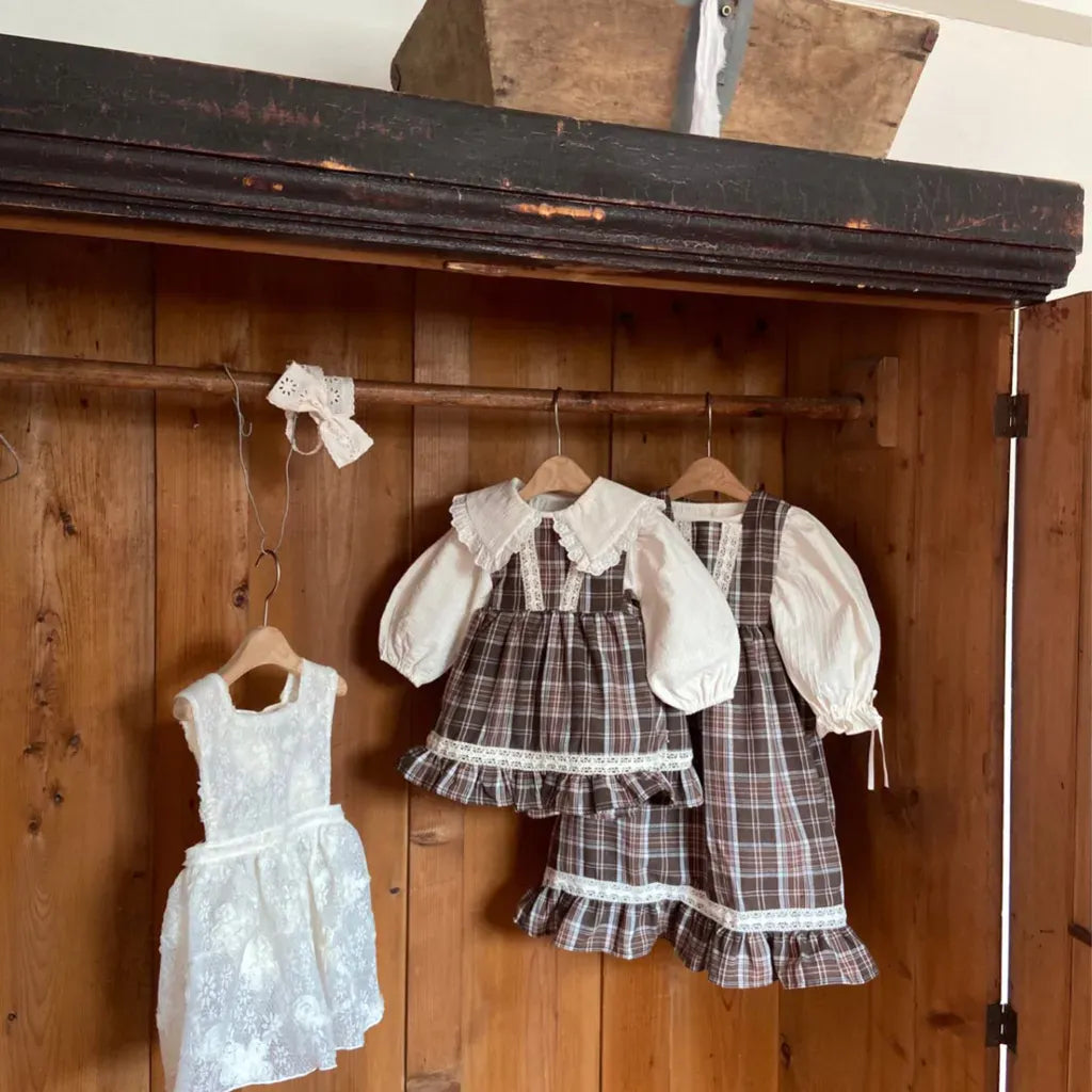 ノースリーブワンピース レトロチェック柄レースワンピース / 刺繍ビッグカラーブラウス【mh0011118】