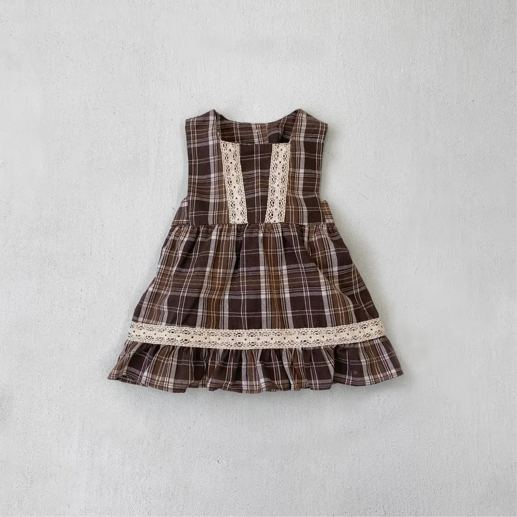 ノースリーブワンピース レトロチェック柄レースワンピース / 刺繍ビッグカラーブラウス【mh0011118】