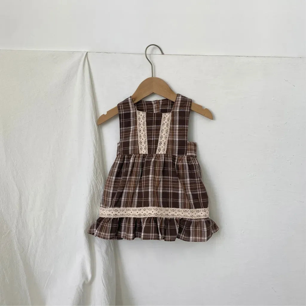 ノースリーブワンピース レトロチェック柄レースワンピース / 刺繍ビッグカラーブラウス【mh0011118】