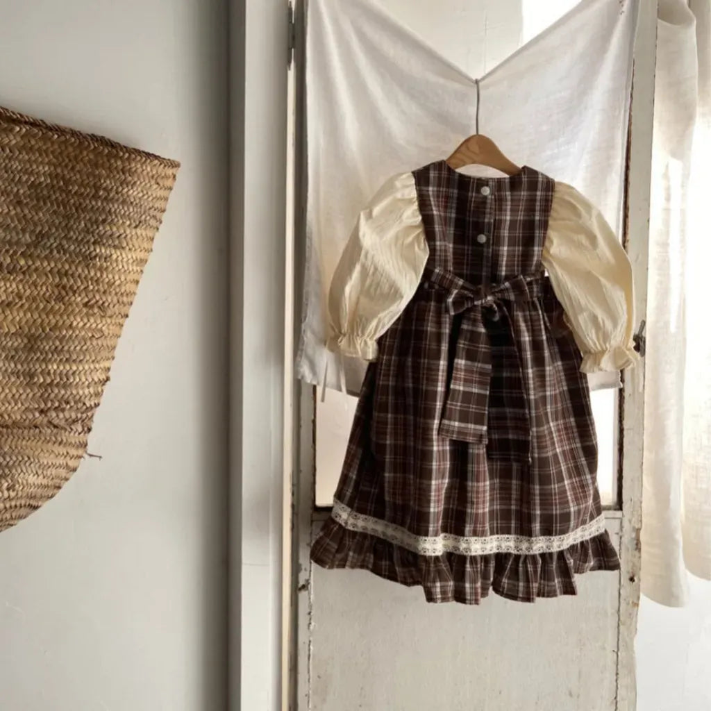 ノースリーブワンピース レトロチェック柄レースワンピース / 刺繍ビッグカラーブラウス【mh0011118】