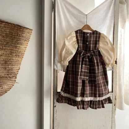 ノースリーブワンピース レトロチェック柄レースワンピース / 刺繍ビッグカラーブラウス【mh0011118】