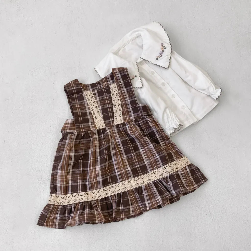 ノースリーブワンピース レトロチェック柄レースワンピース / 刺繍ビッグカラーブラウス【mh0011118】