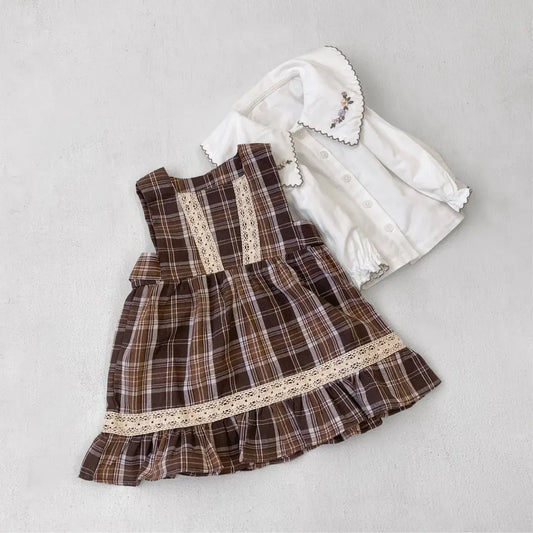 ノースリーブワンピース レトロチェック柄レースワンピース / 刺繍ビッグカラーブラウス【mh0011118】