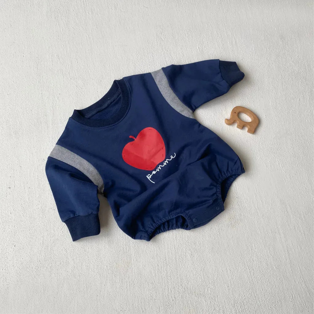 長袖ロンパース りんごプリントパッチワーク長袖ロンパース【mh0011121】