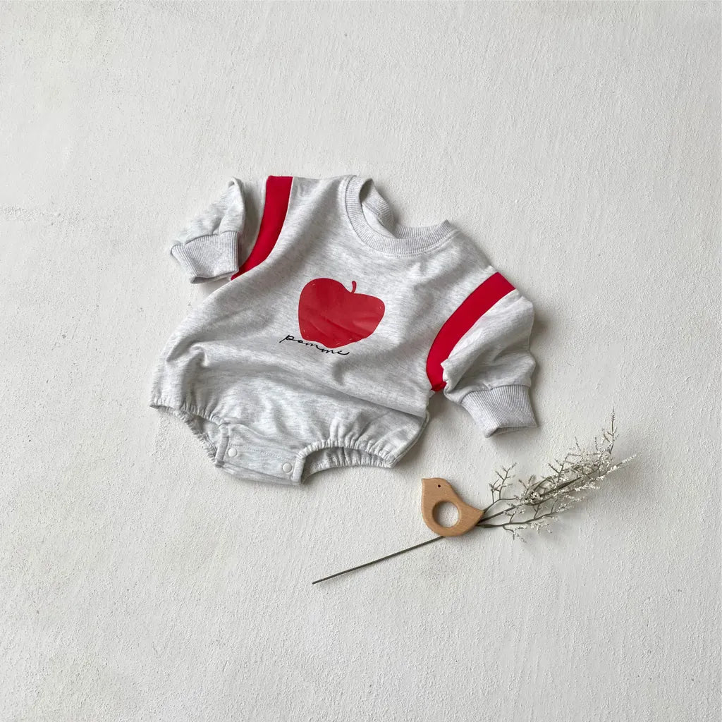 長袖ロンパース りんごプリントパッチワーク長袖ロンパース【mh0011121】