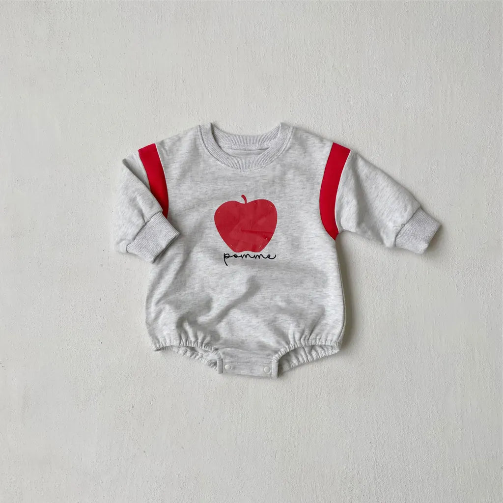 長袖ロンパース りんごプリントパッチワーク長袖ロンパース【mh0011121】